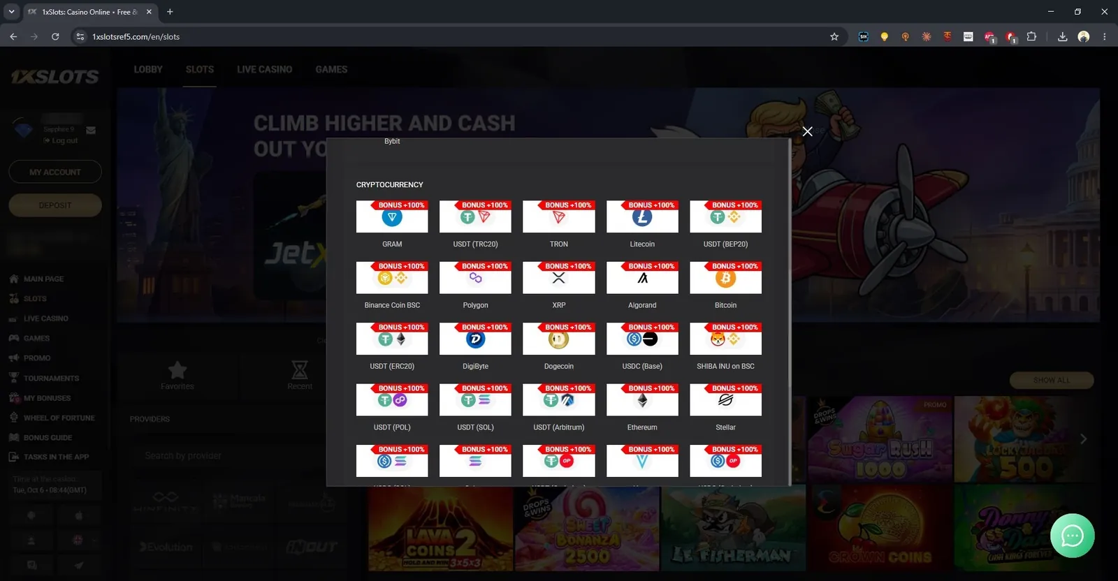 1xSlots deposit window with crypto methods: USDT TRC20, TRON, Litecoin, Bitcoin and more