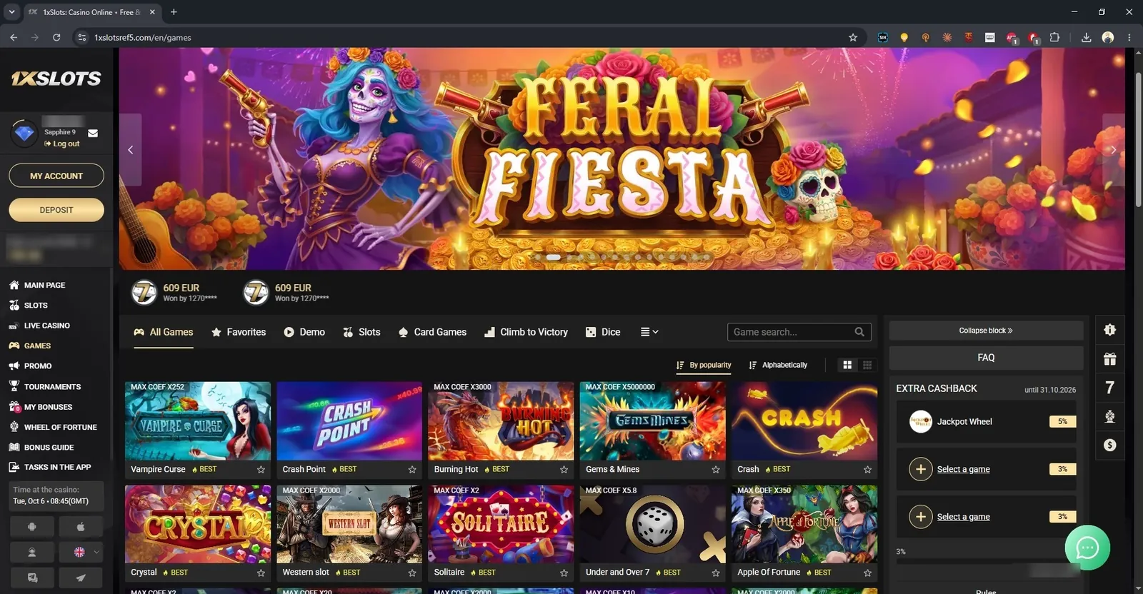 1xSlots games page with extra cashback on selected games