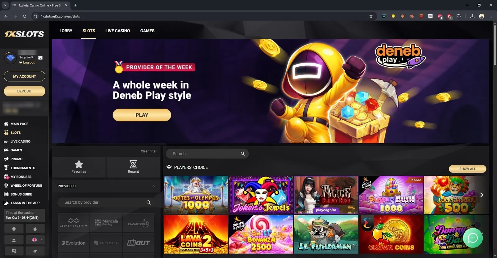 1xSlots slots lobby with players' choice and provider filter