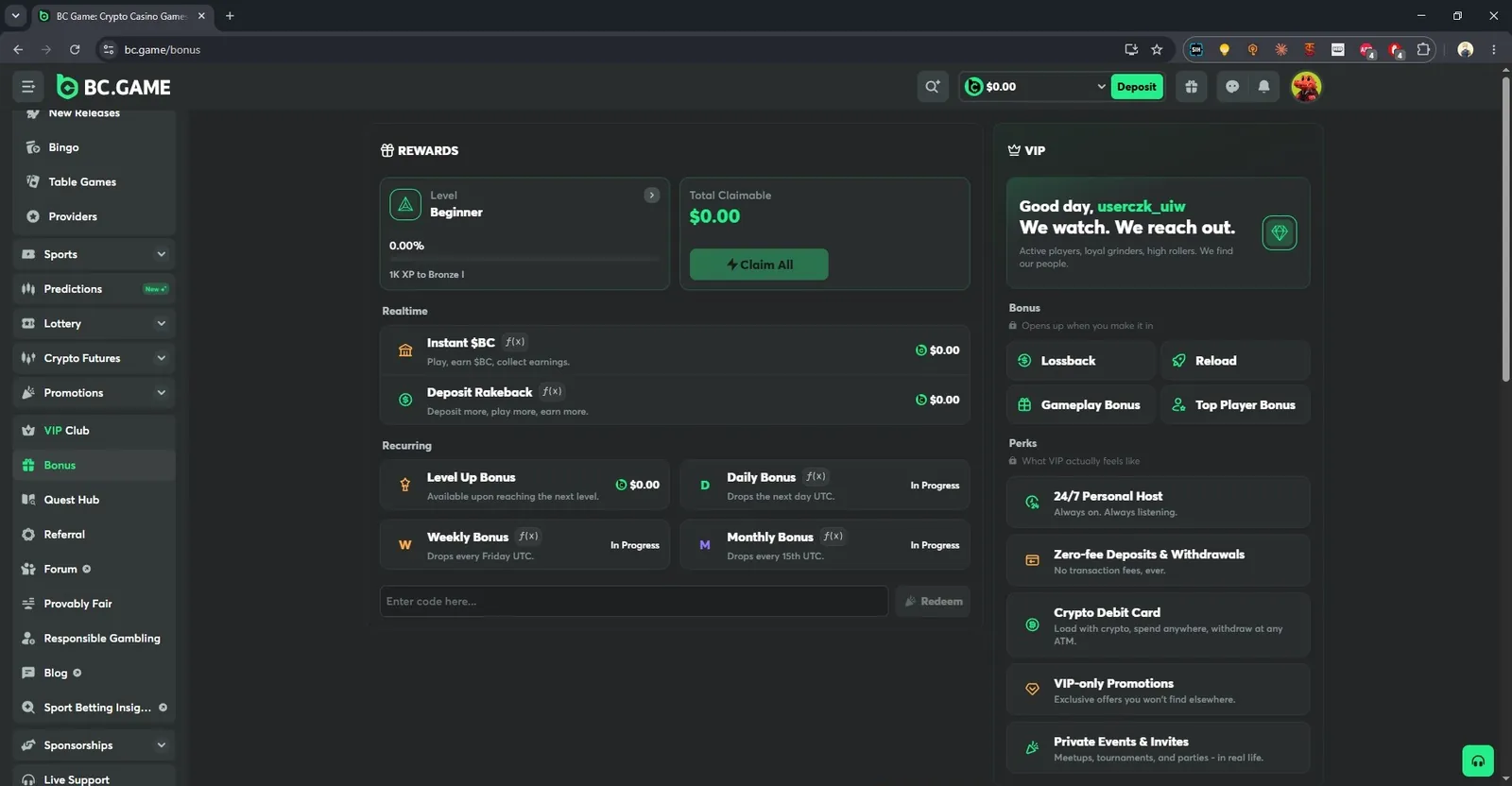 BC.Game rewards page: rakeback, level-up, daily, weekly and monthly bonuses