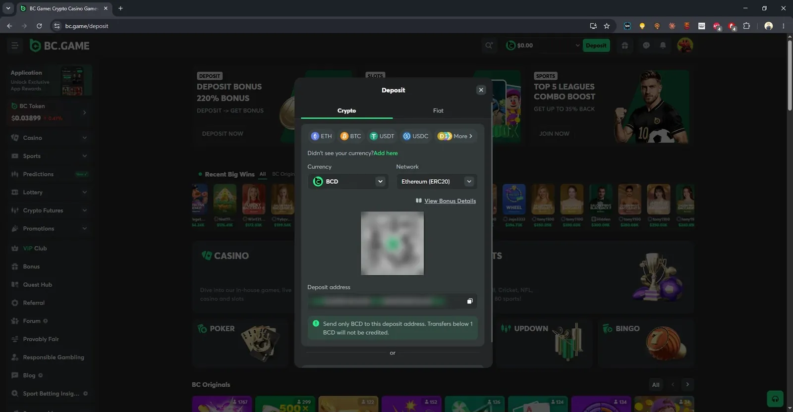 BC.Game deposit window: crypto tab with ETH, BTC, USDT, USDC and network choice