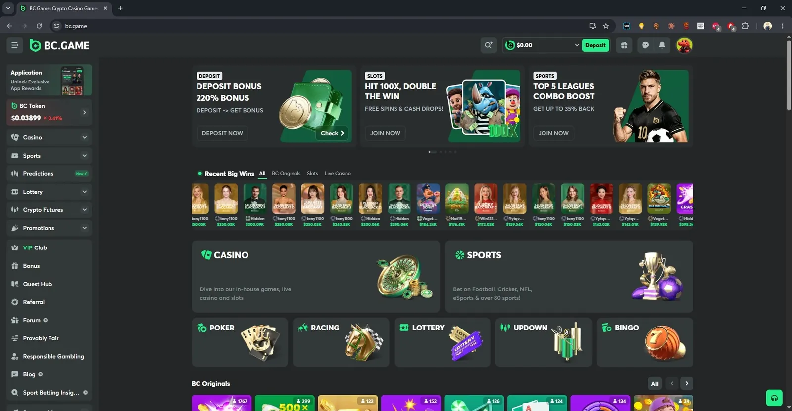 BC.Game home page with casino, sports, poker, racing and lottery sections
