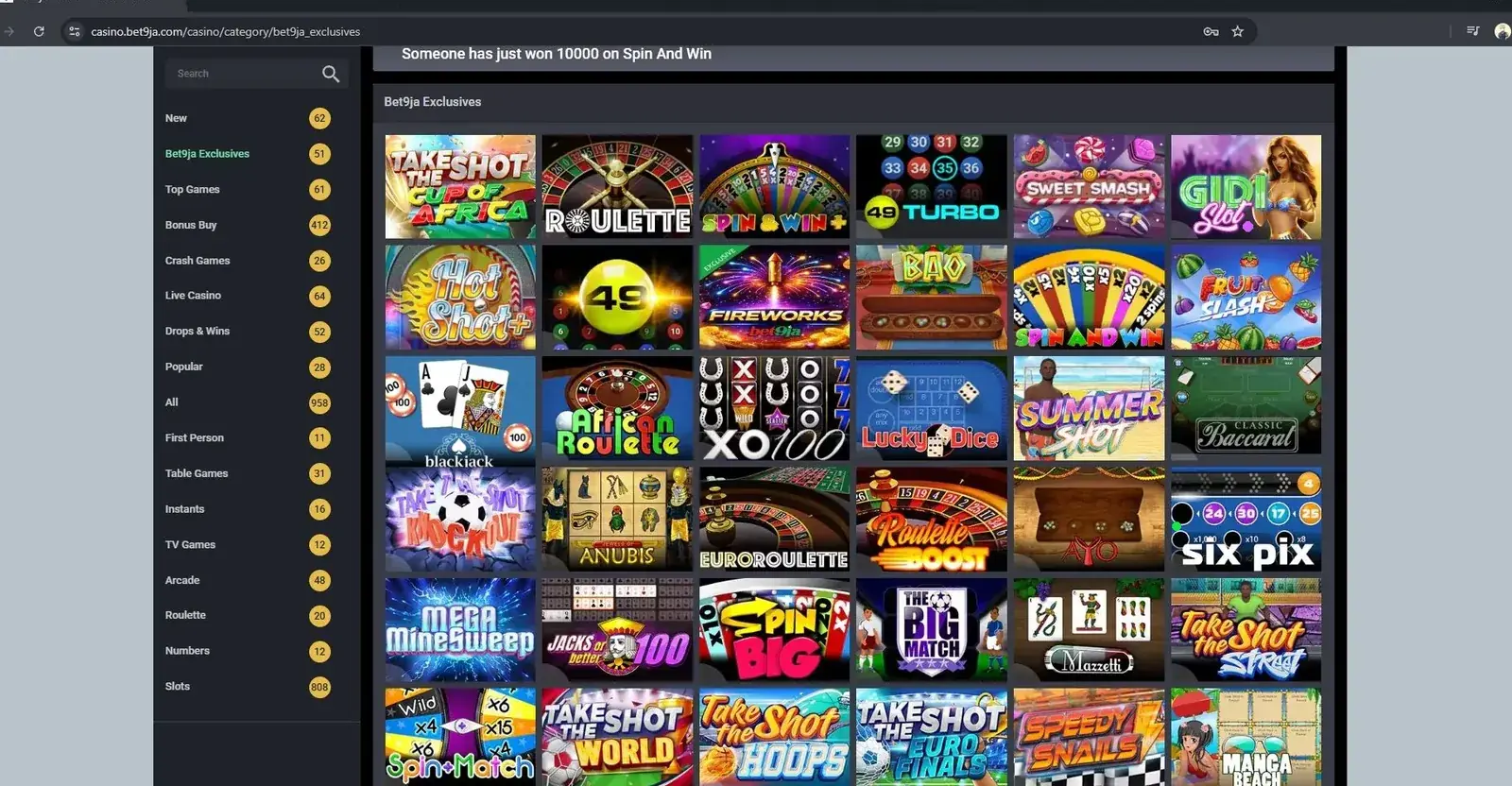 Bet9ja exclusive games: Spin and Win, 49 Turbo, Take the Shot, roulette games