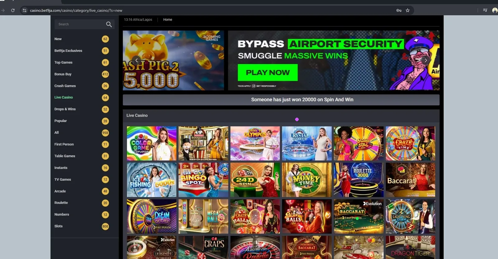 Bet9ja live casino tables and game shows