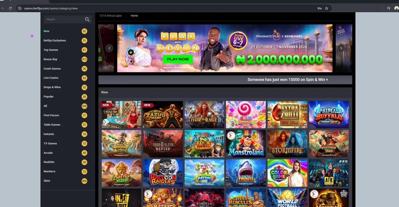 Bet9ja casino lobby with new slots and the Pragmatic Play Play with Kevin promotion