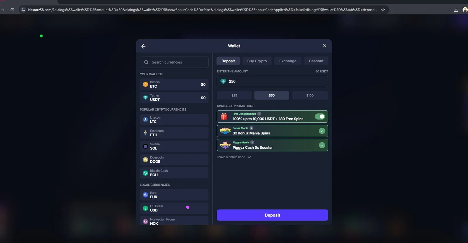 BitStarz cashier with BTC, USDT, LTC, ETH, SOL wallets and the first-deposit bonus