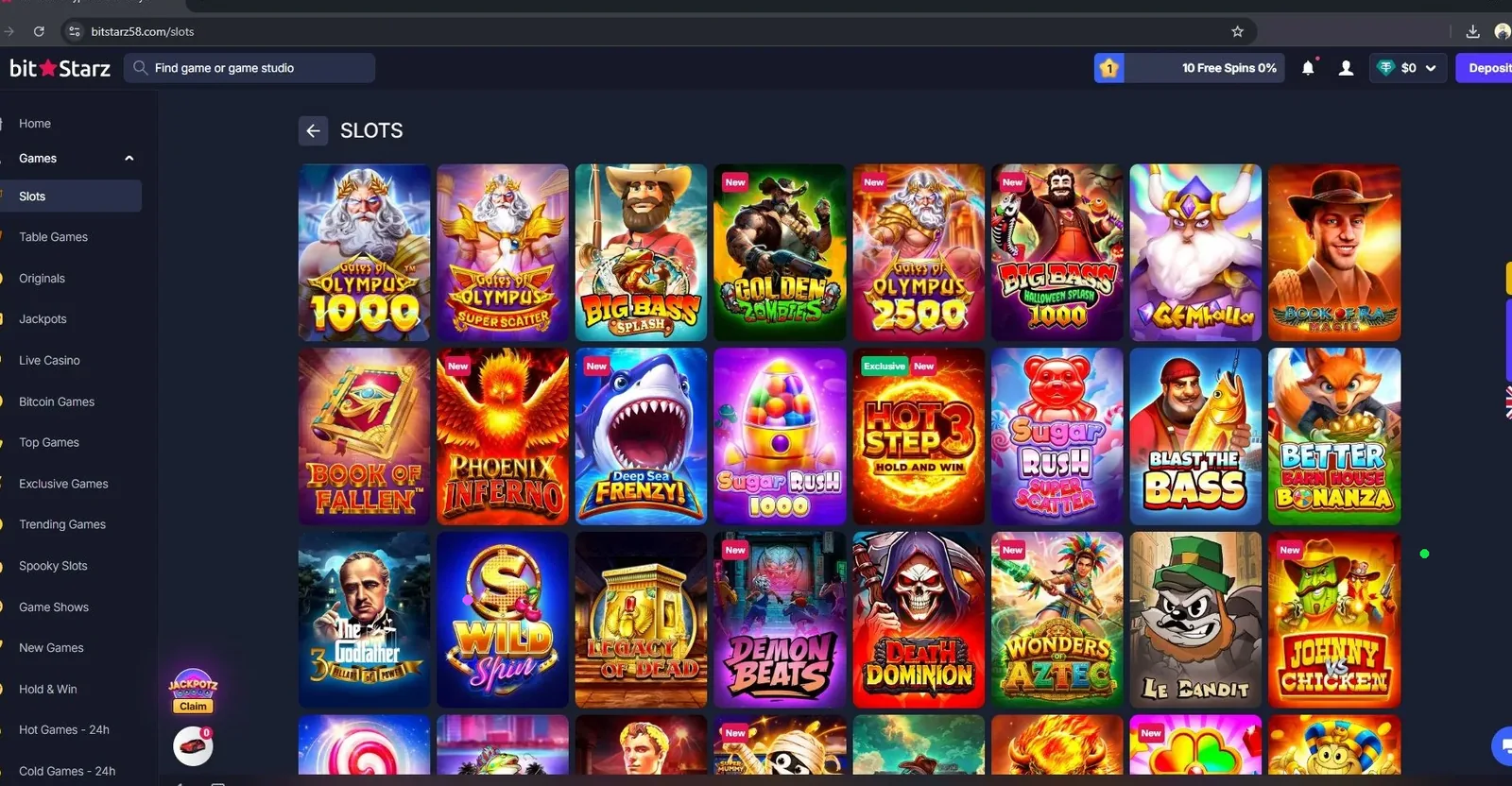BitStarz slots lobby with Gates of Olympus, Sugar Rush and other popular slots