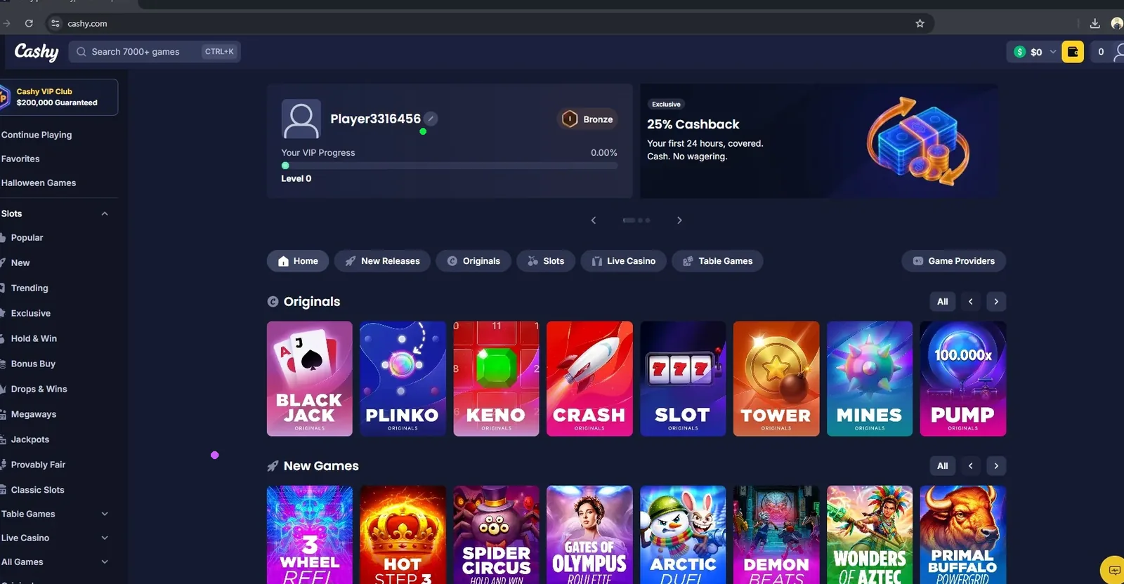 Cashy casino lobby with Originals: Blackjack, Plinko, Keno, Crash, Slot, Tower, Mines, Pump