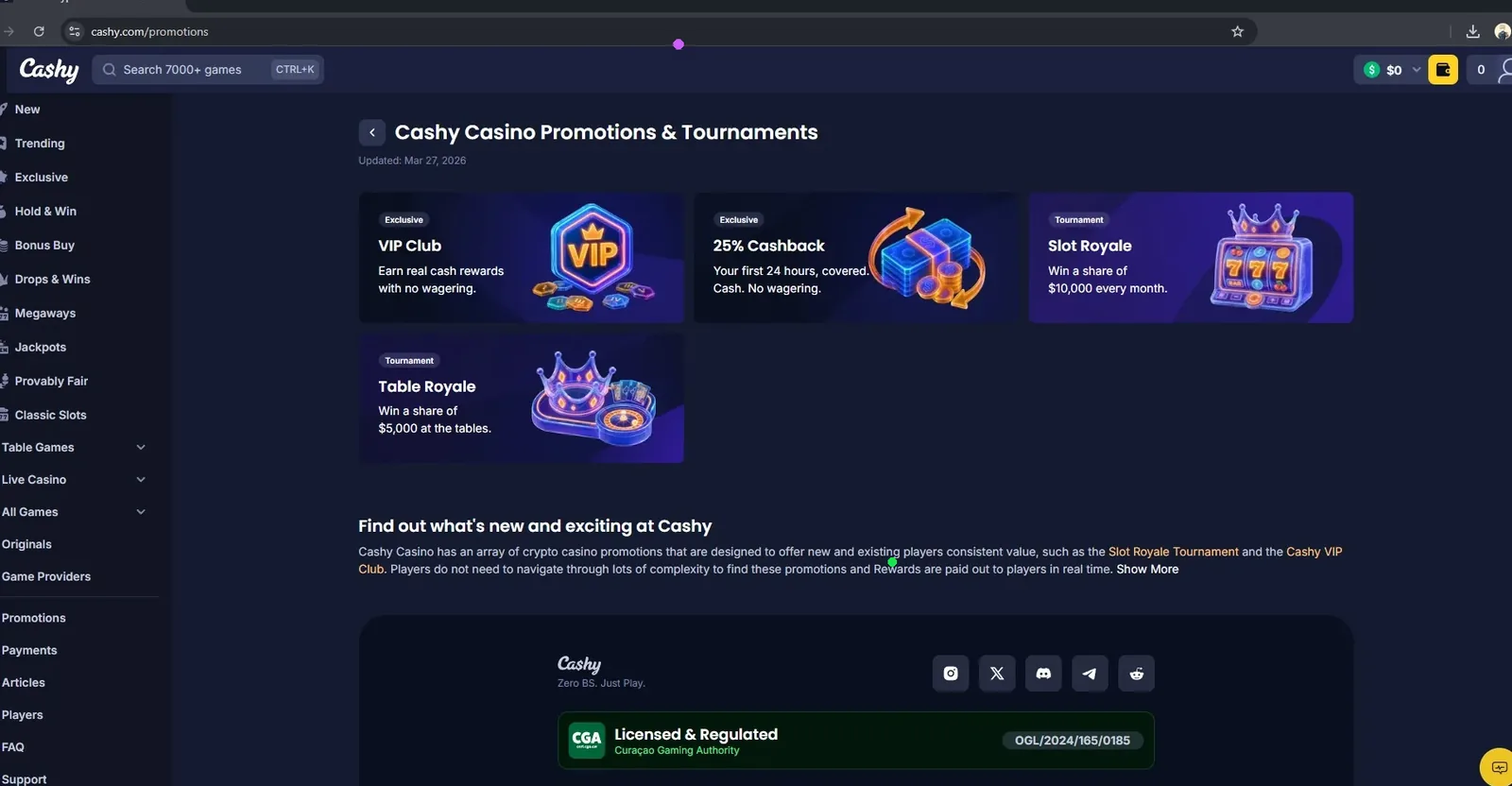 Cashy promotions page: VIP club, 25% cashback, Slot Royale and Table Royale tournaments