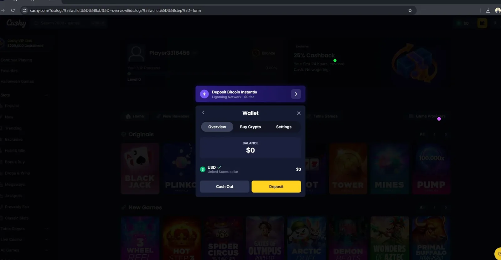 Cashy wallet with Lightning bitcoin deposit and Buy Crypto tab