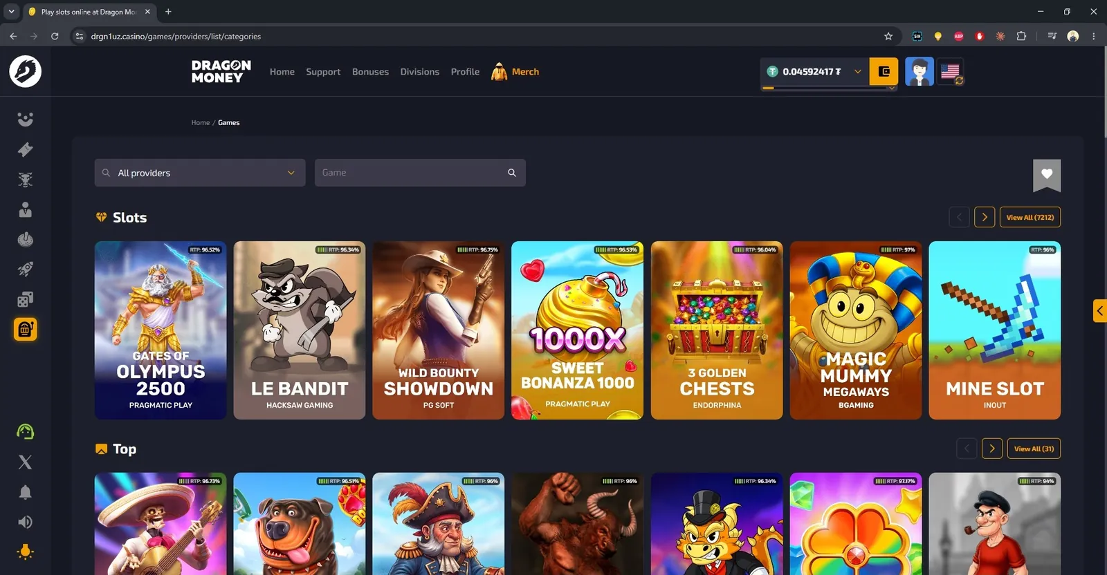 Dragon Money slots page with over 7,000 slots