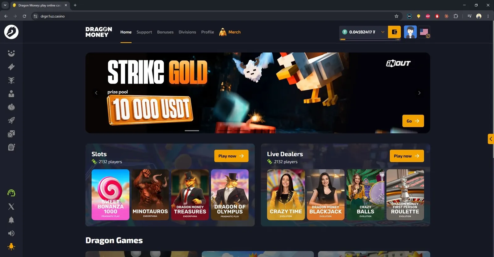 Dragon Money home page with slots and live dealers