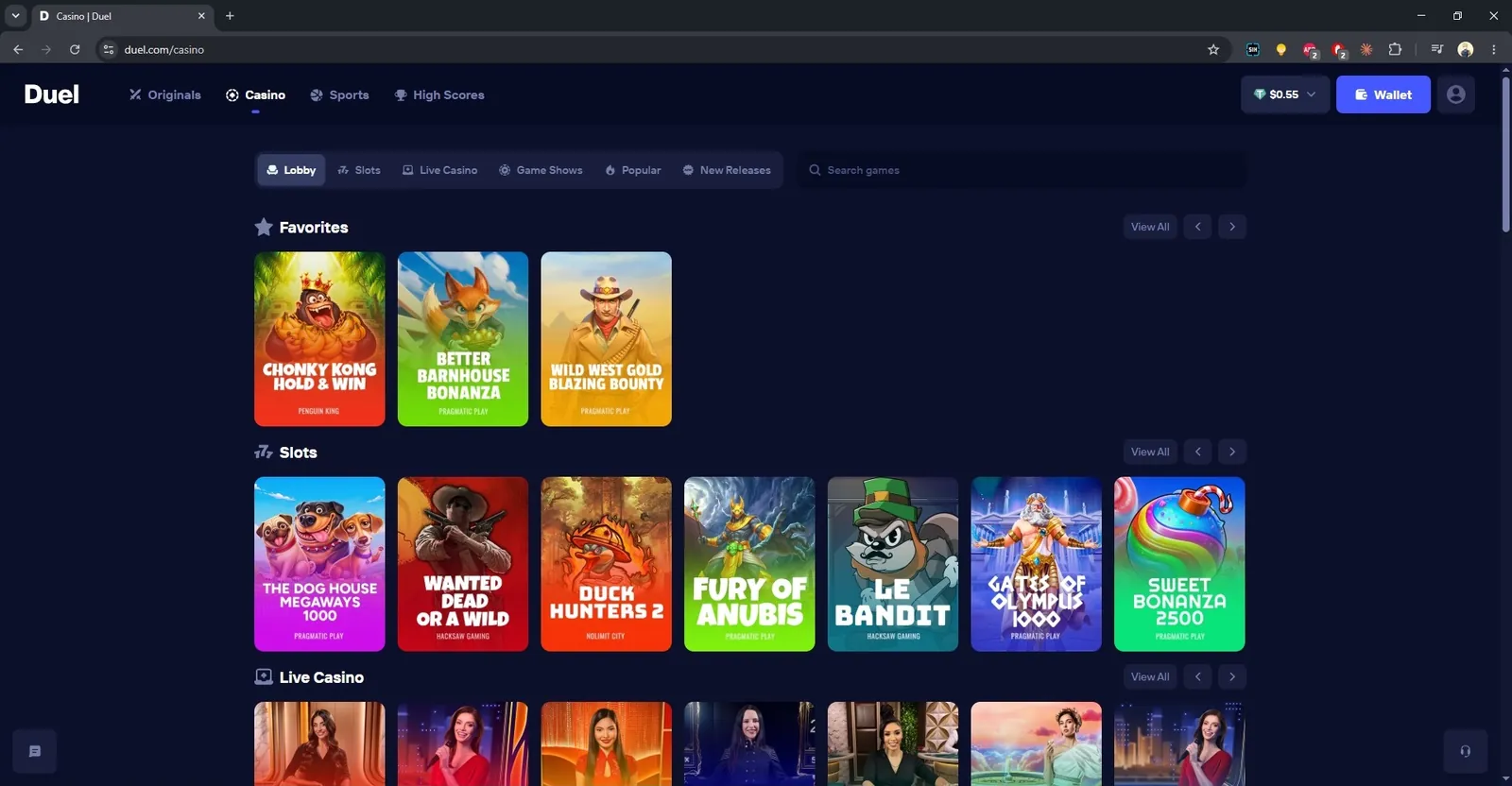 Duel casino lobby with favourites, slots and live casino
