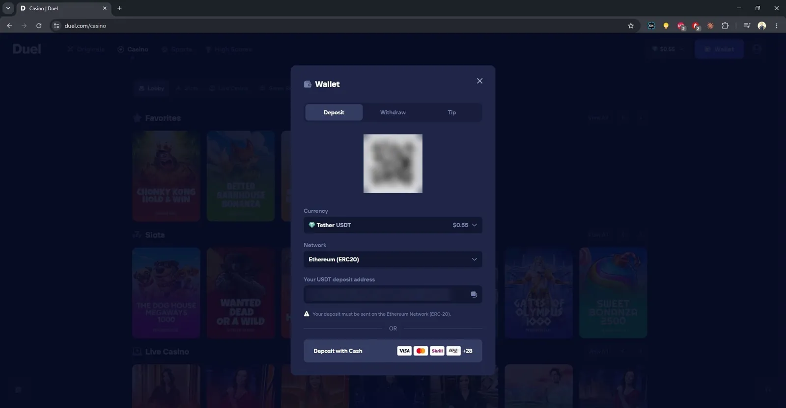 Duel wallet deposit window with USDT on Ethereum