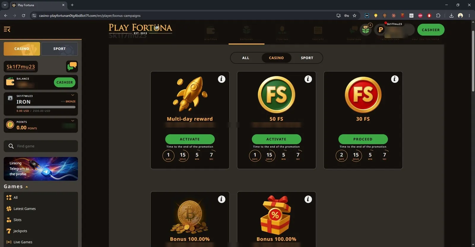 Play Fortuna bonus page with free spins and deposit bonuses