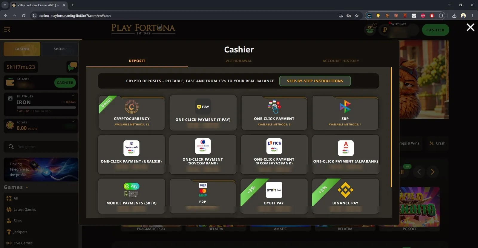 Play Fortuna cashier: cryptocurrency, Bybit Pay, Binance Pay and Russian bank methods
