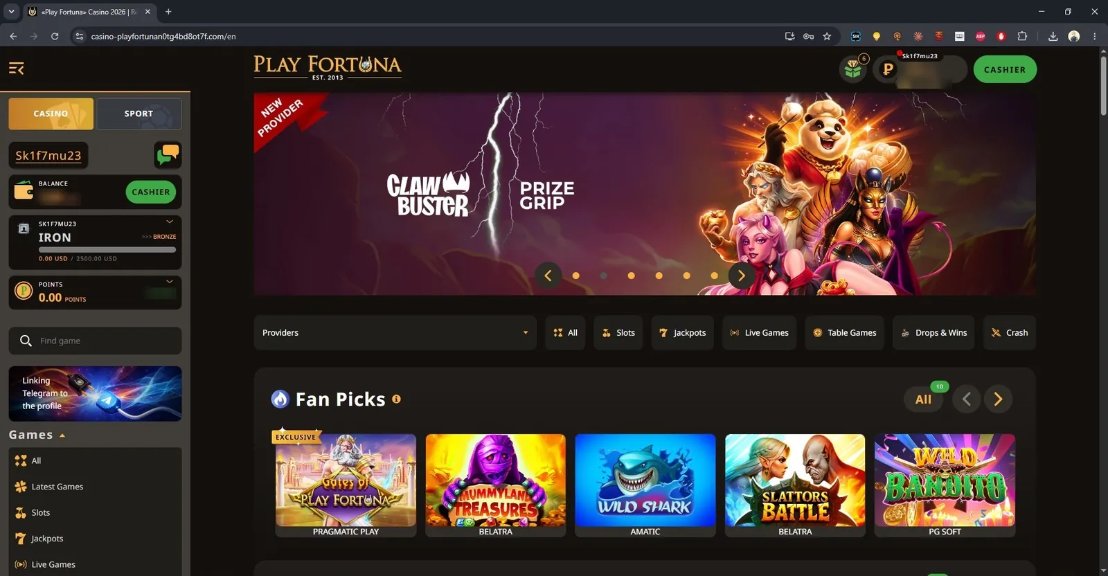 Play Fortuna casino home page in English