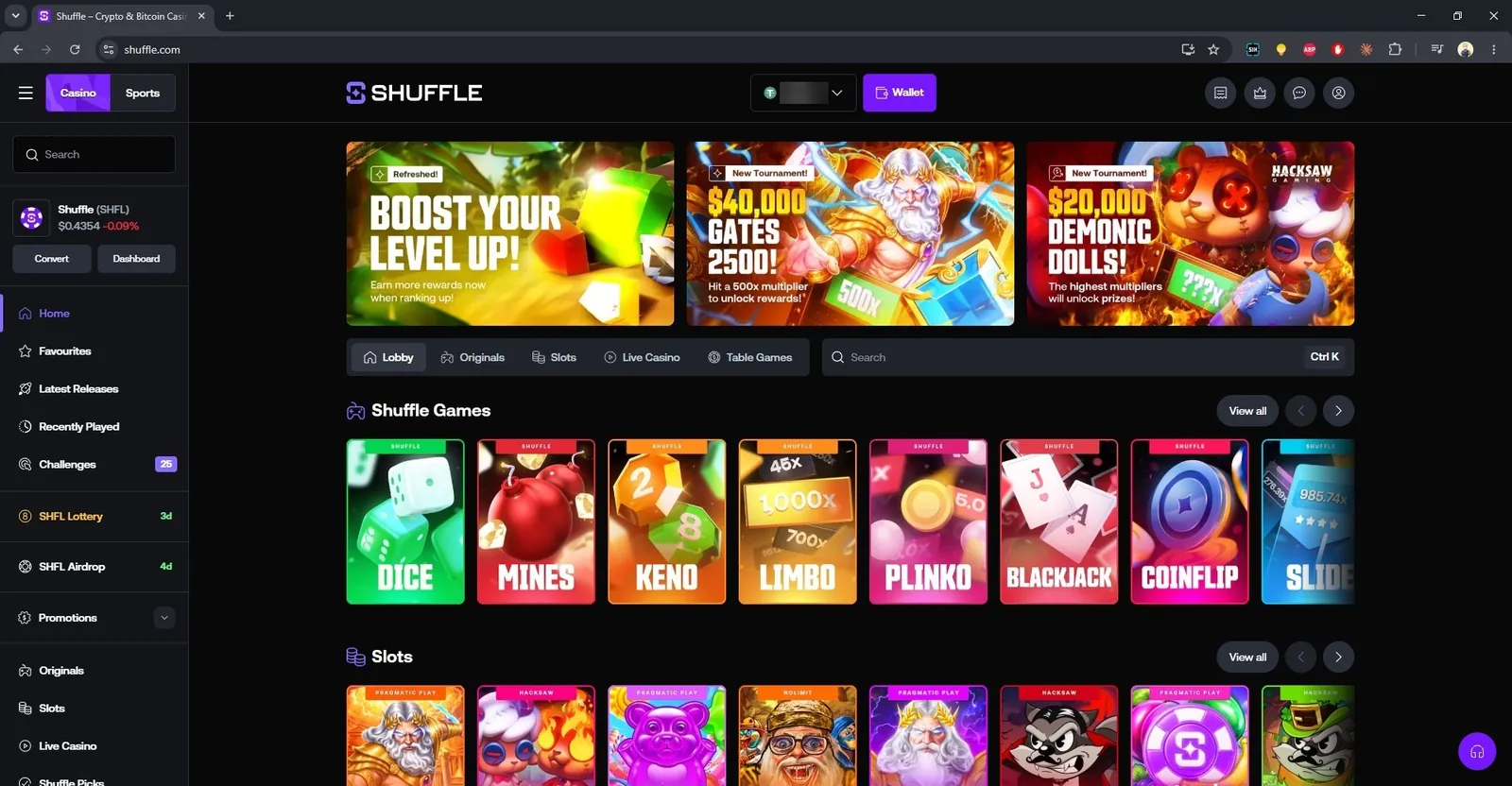 Shuffle casino lobby with Shuffle Games: Dice, Mines, Keno, Limbo, Plinko