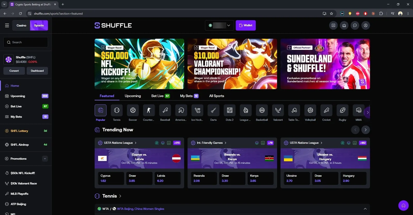 Shuffle sportsbook with trending football matches