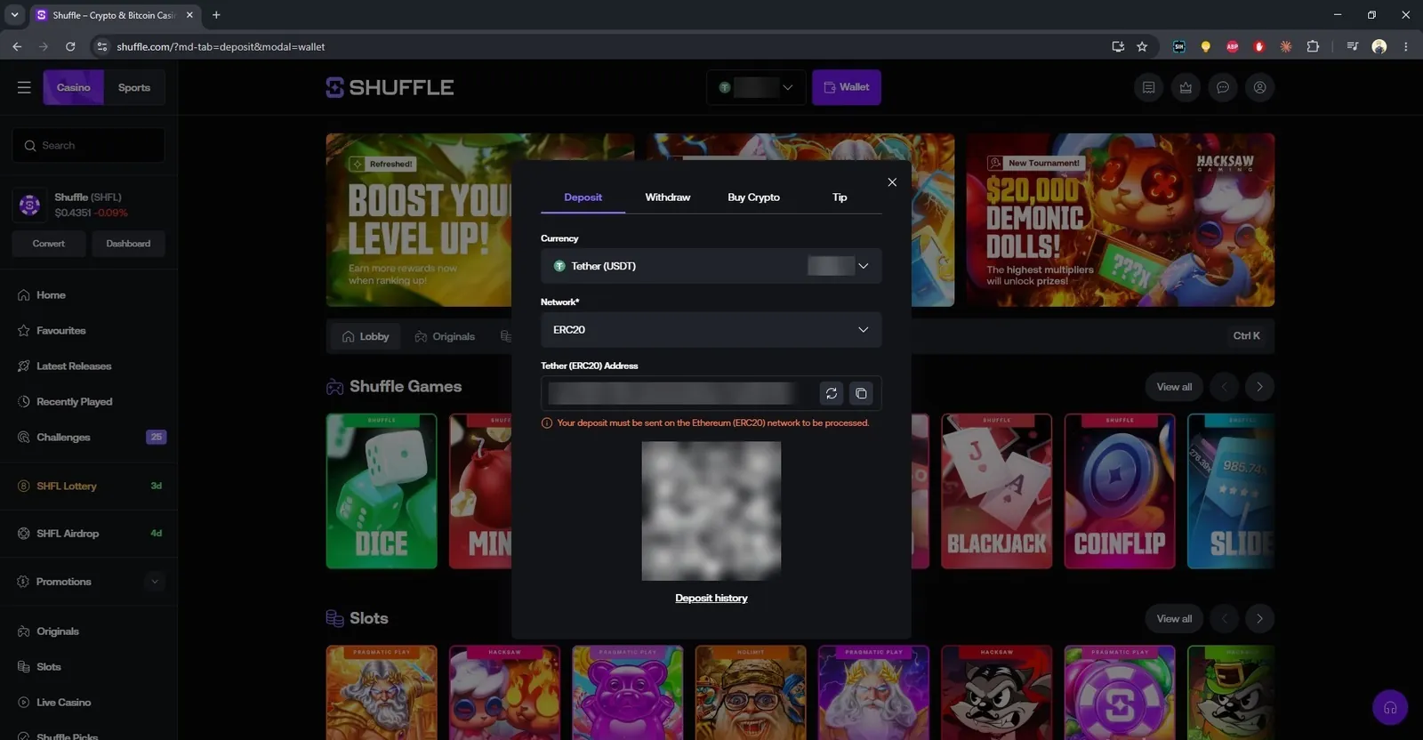 Shuffle wallet deposit window with USDT on ERC20