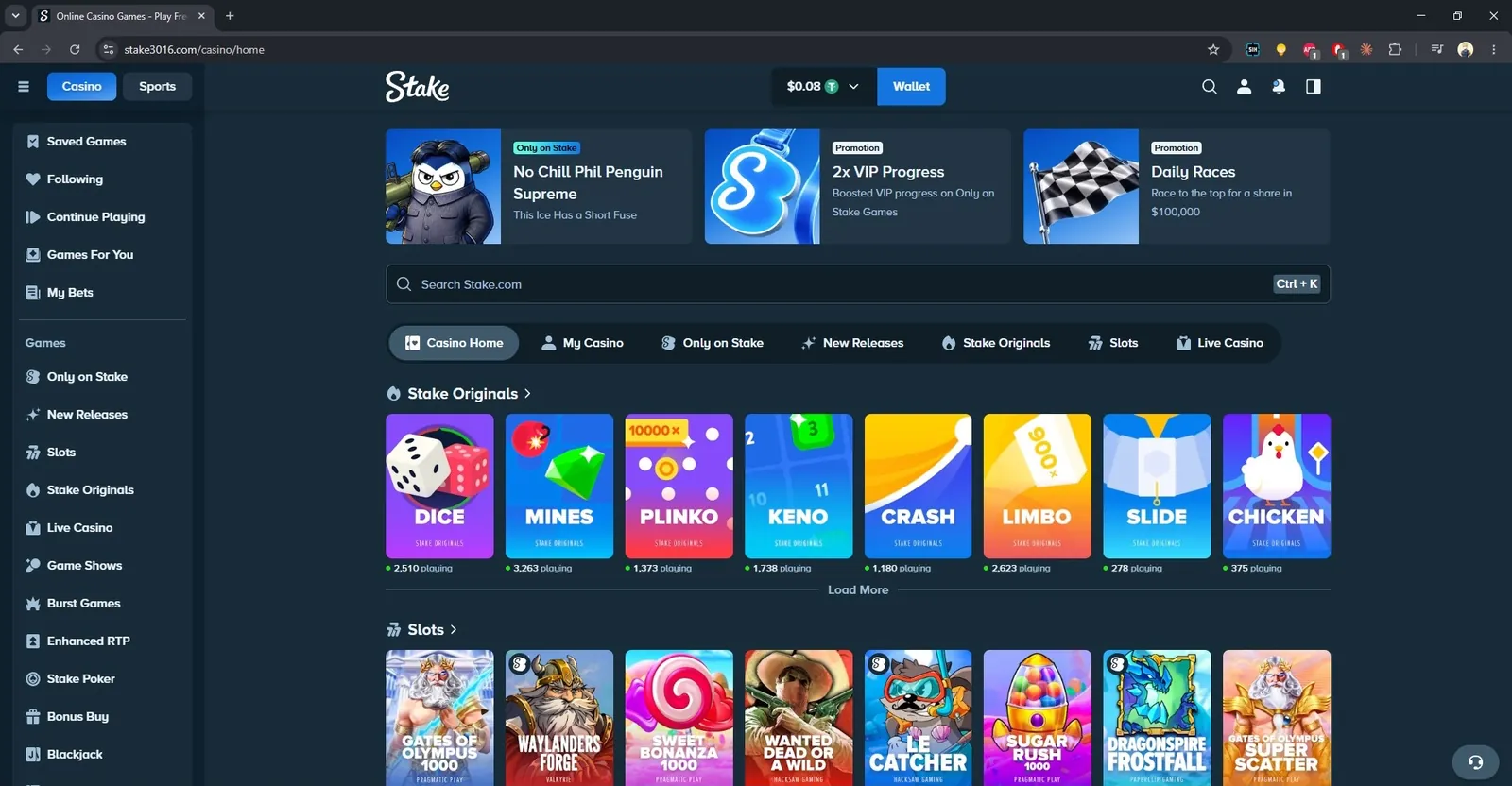 Stake casino lobby with Stake Originals: Dice, Mines, Plinko, Crash