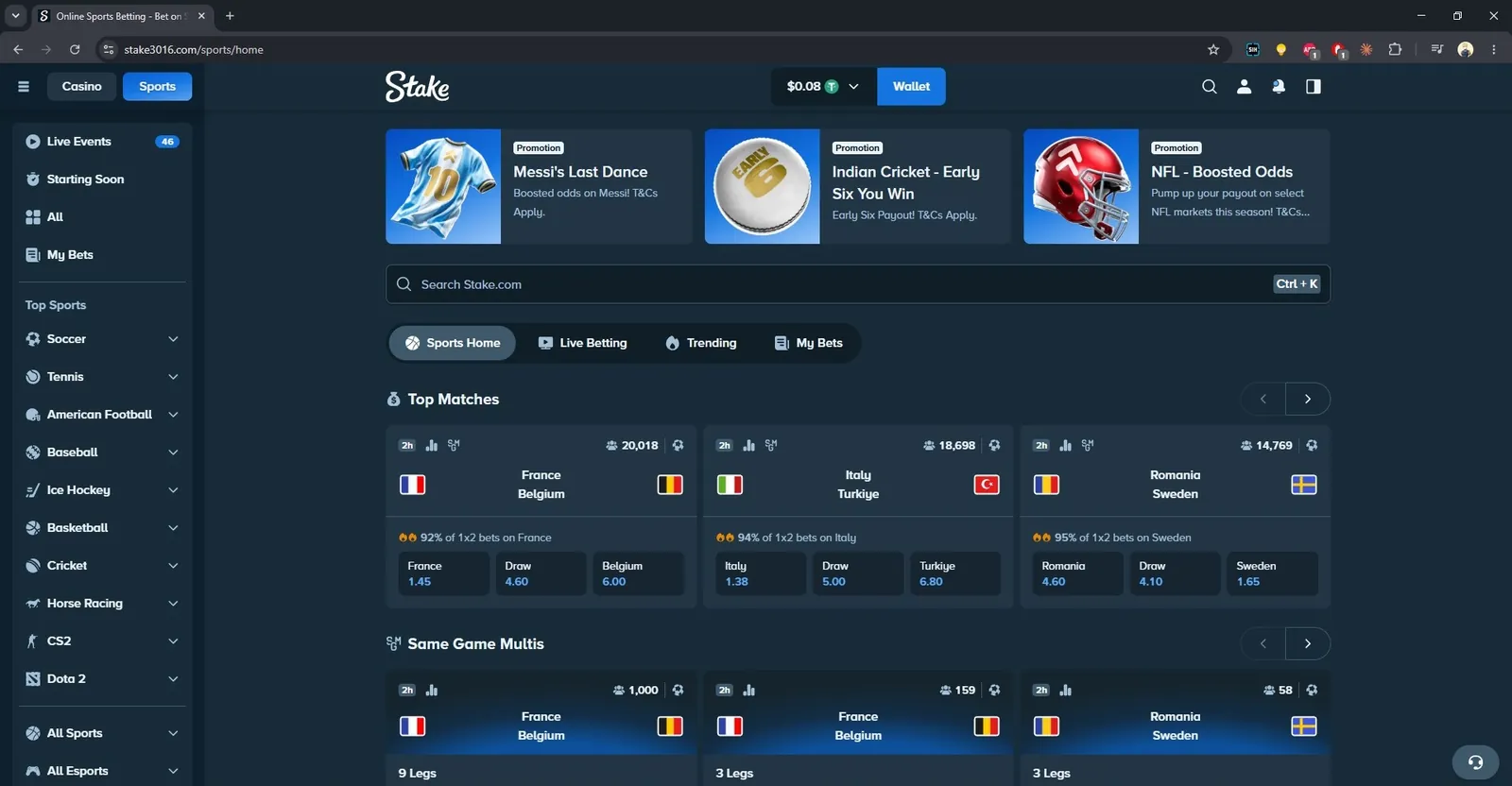 Stake sportsbook home with top football matches