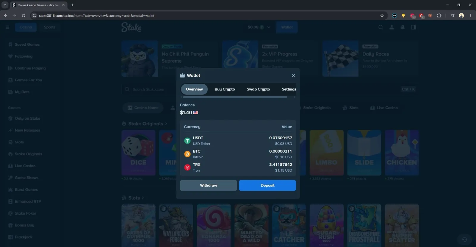 Stake wallet window with balances in USDT, BTC and TRX