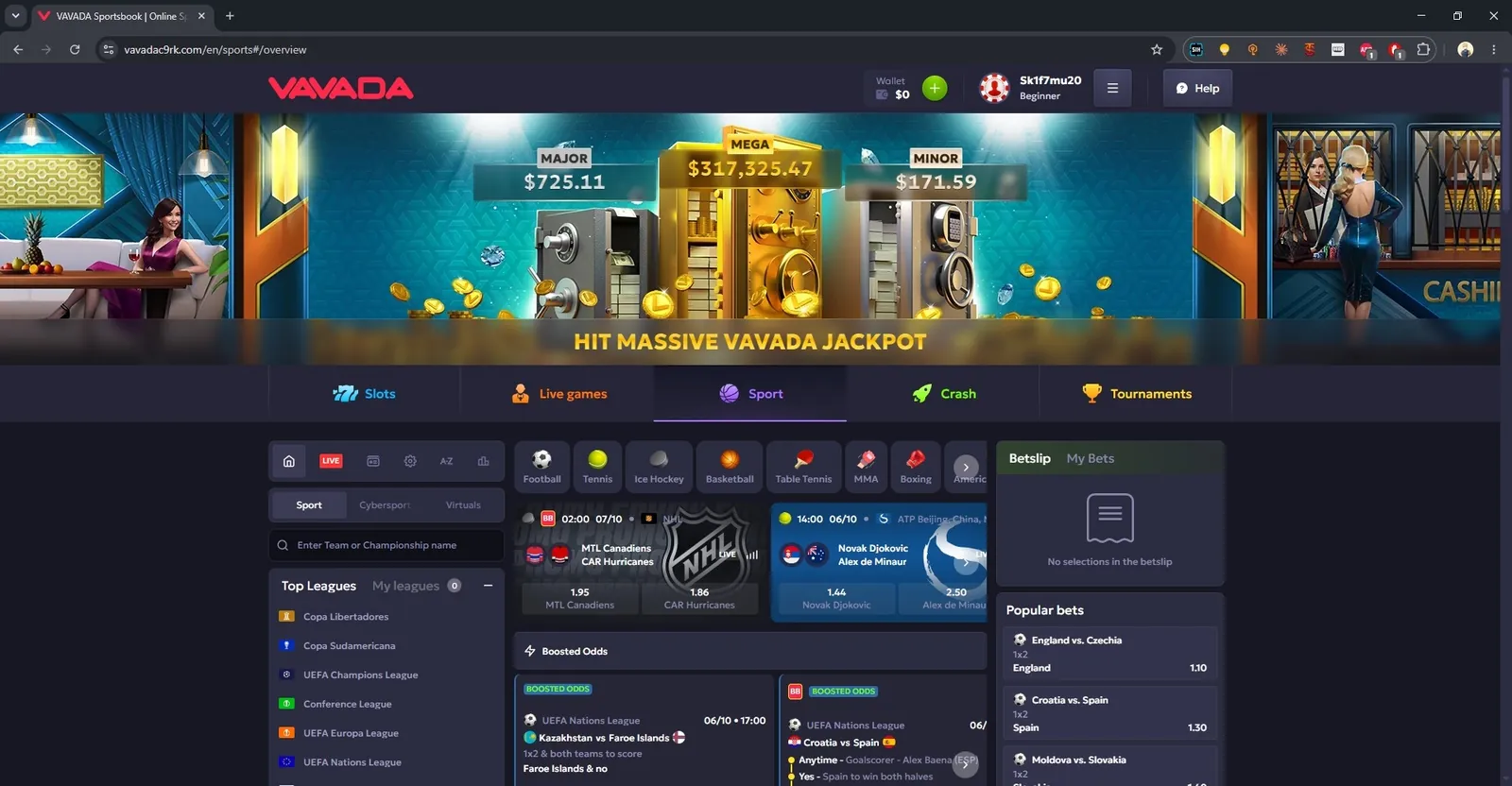 Vavada sportsbook overview page