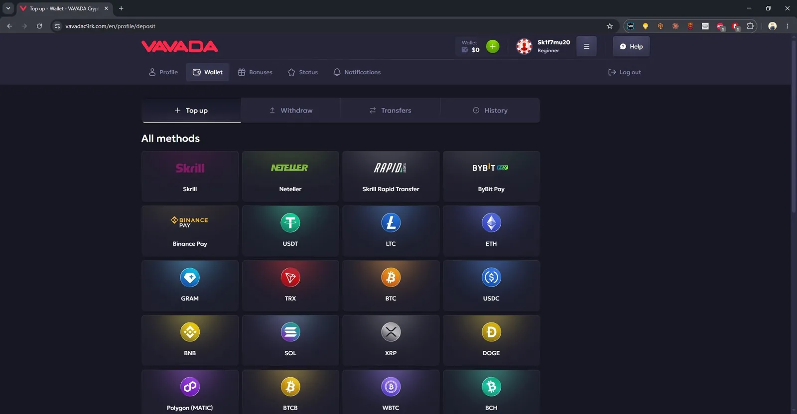 Vavada wallet top-up methods: Skrill, Neteller, Binance Pay, USDT, BTC and more
