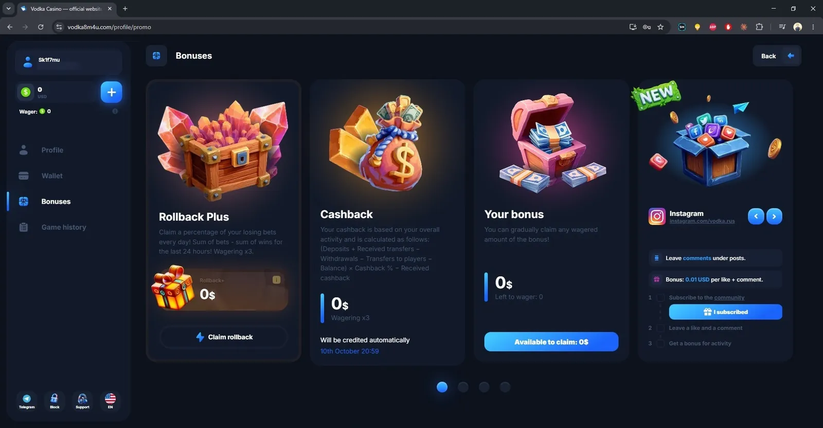 Vodka Bet bonuses page: Rollback Plus, cashback and bonus balance