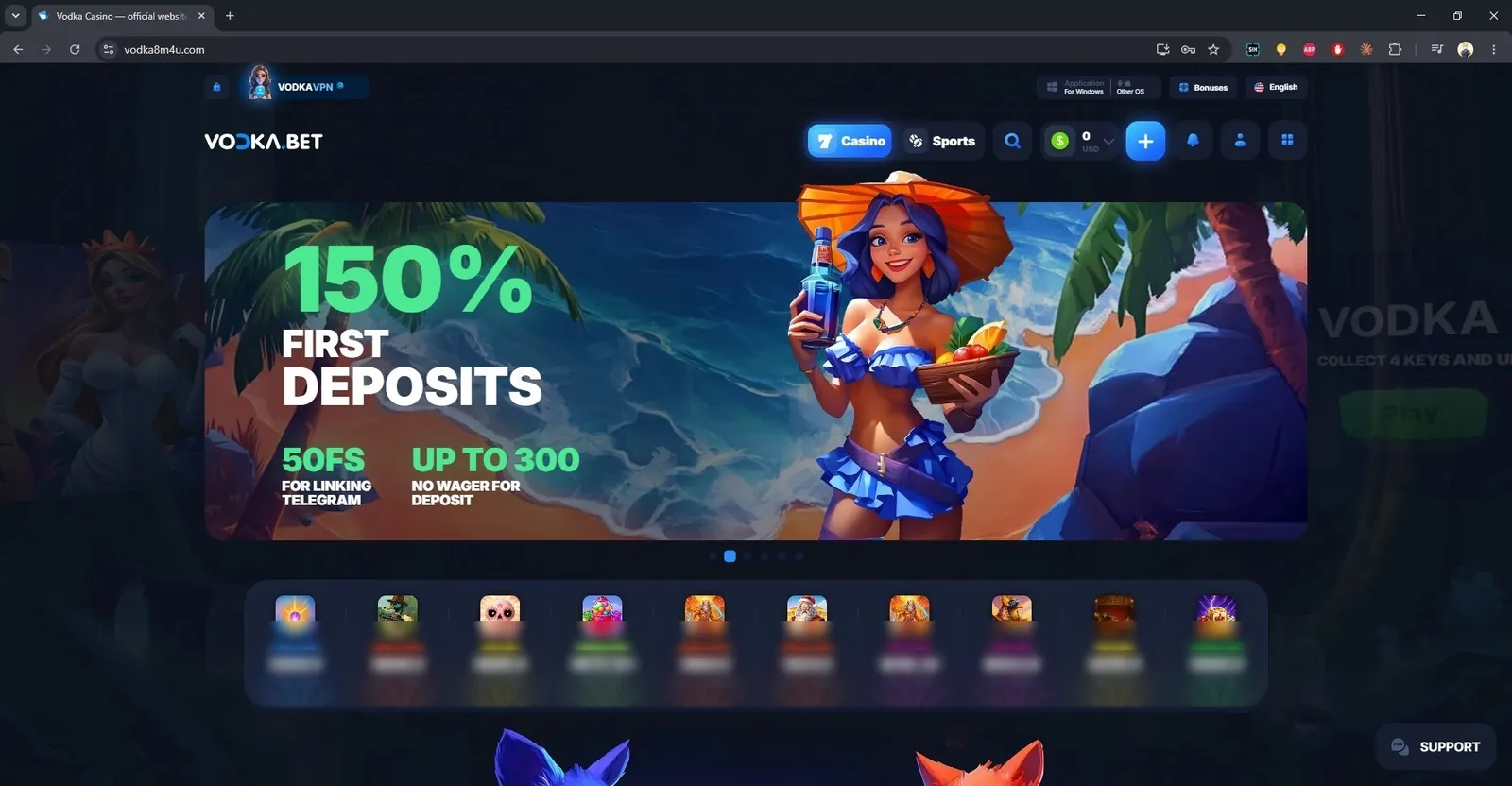 Vodka Bet home page with the 150% first deposits banner