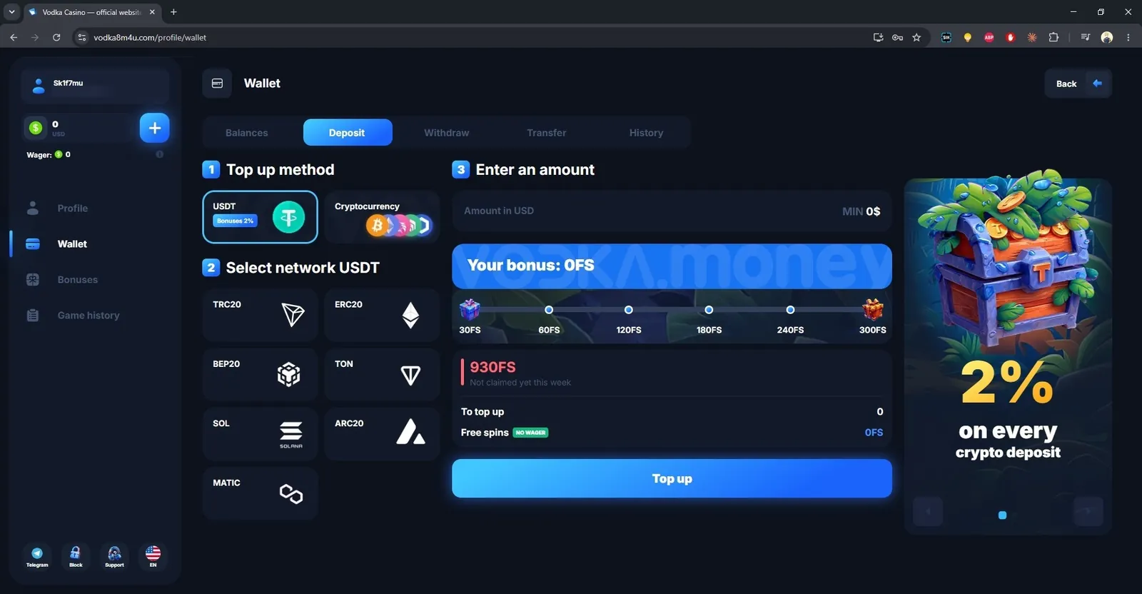 Vodka Bet wallet: USDT deposit with TRC20, ERC20, BEP20, TON, SOL, ARC20 and MATIC networks