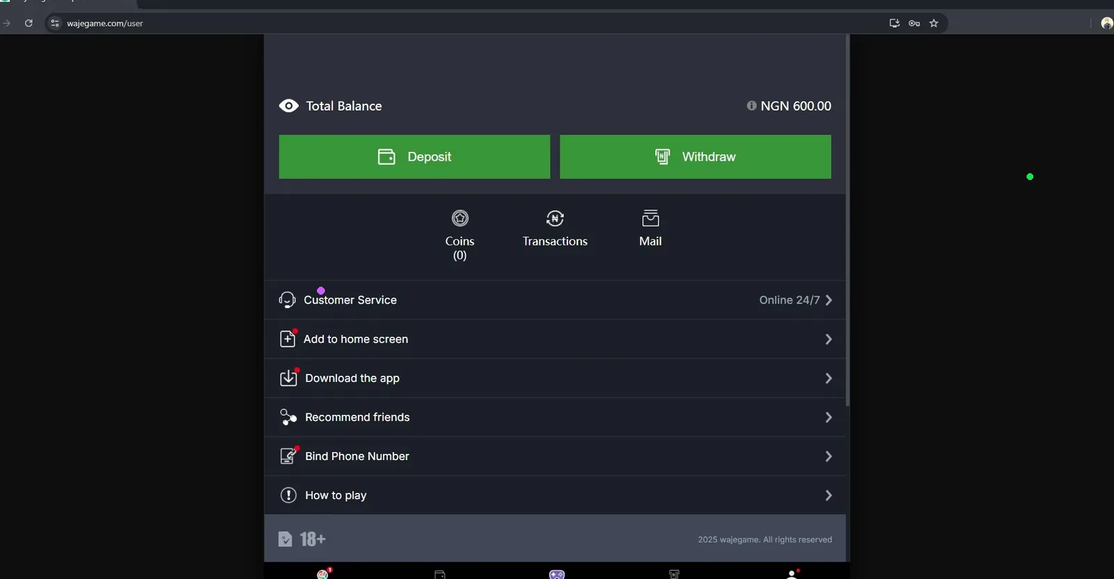 Waje account page showing a NGN 600 balance, deposit and withdraw buttons and 24/7 support