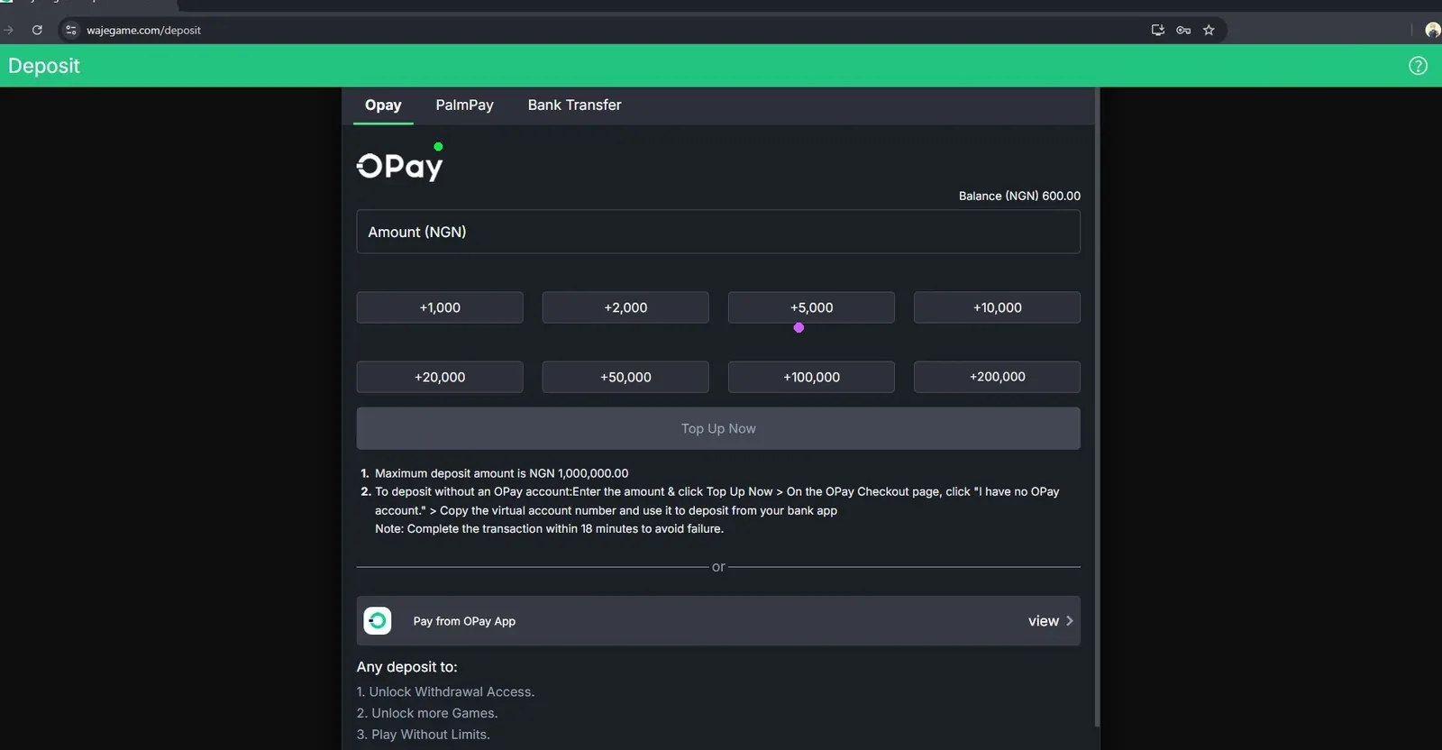 Waje deposit page with OPay, PalmPay and bank transfer tabs and naira amount buttons