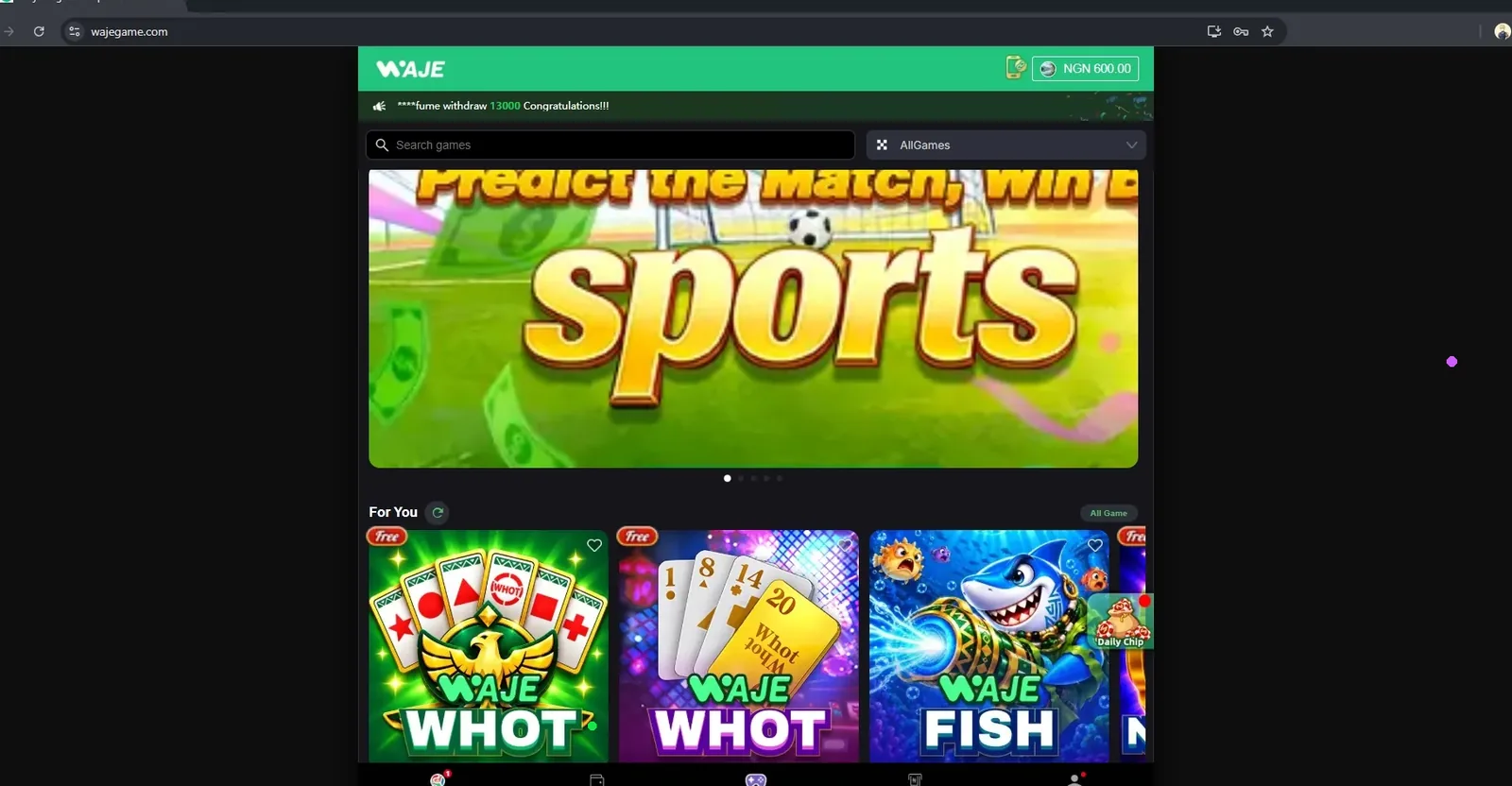 Waje home page with Waje Whot and Waje Fish games and a naira balance